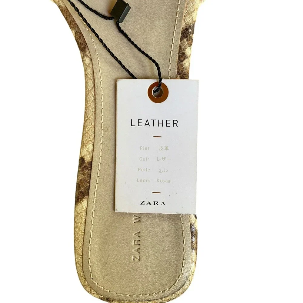 Zara Woman EU41 US10 leather snake print beige cream Tan nude slide sandals